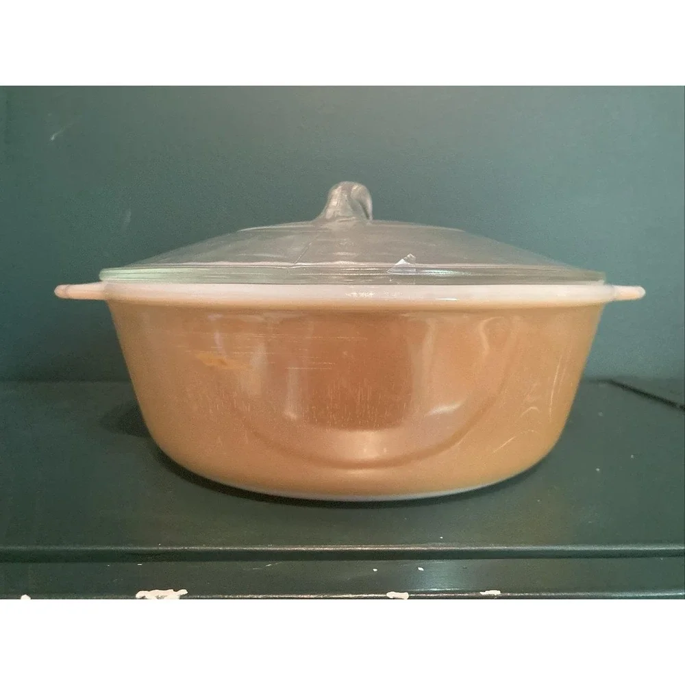 Vintage Anchor Hocking Fire King Peach Luster 2 Quart Casserole Dish & Lid